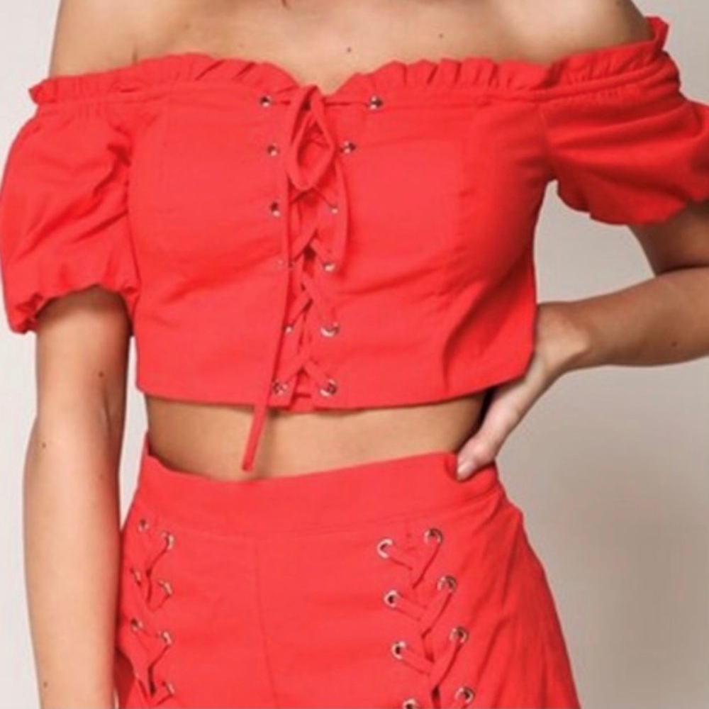 Red High Waisted Shorts with Crop Two Piece Outfit Set Size Small